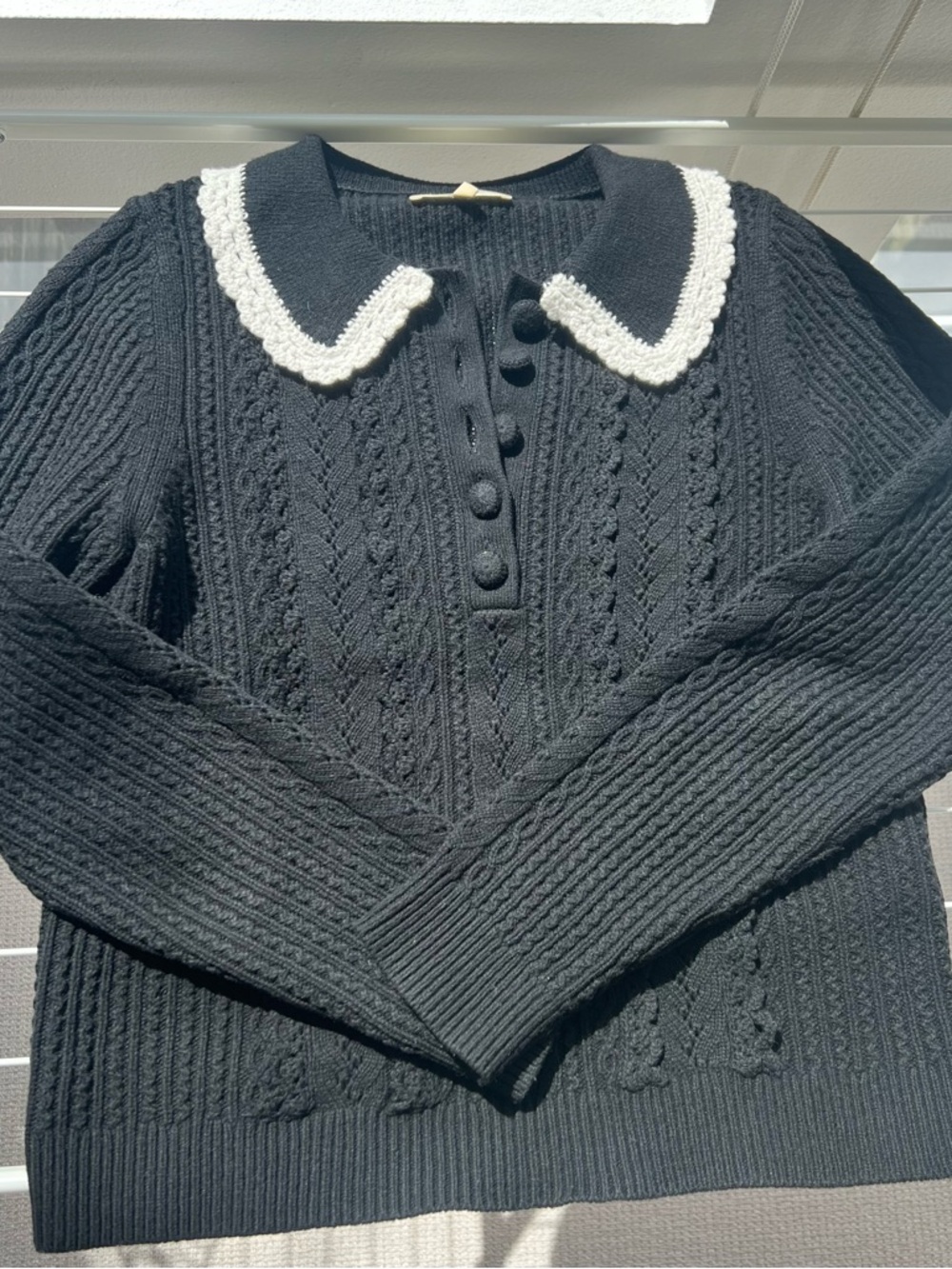 Sézane Frances Black Wool Blend Cable-Knit Sweater with White Collar - Picture 5 of 16